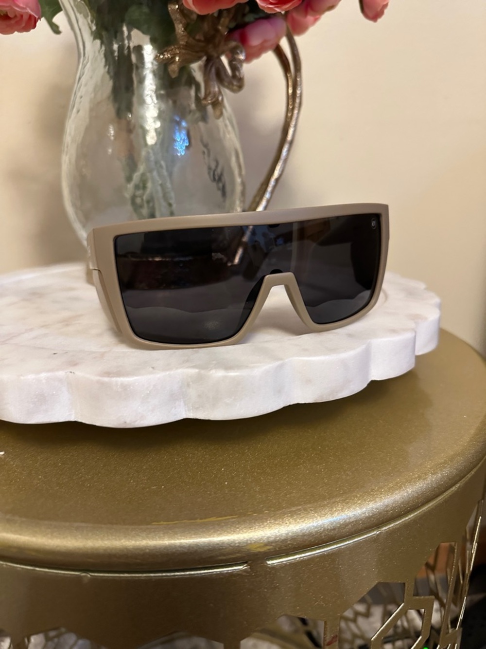 Oversized Shield Sunglasses in Taupe with Dark Lenses. 008-A